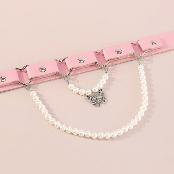 🦋 Lovely Pastel PU Leather Faux Pearl Tassel Tiered Butterfly Hearts Choker 💕 - Picture 3 of 5